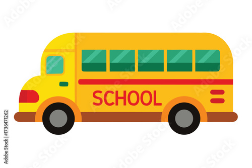 Cartoon Yellow School Bus with Red Stripe and Green Windows Illustration