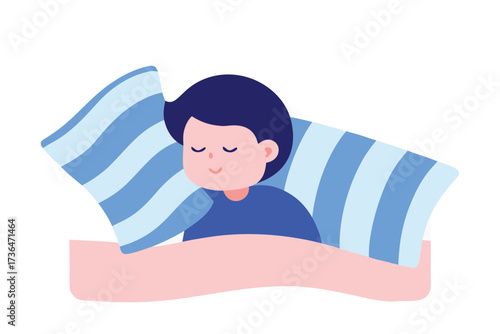 Cartoon Youngster Sleeping Peacefully Under Striped Blanket with Head Resting on Pillow