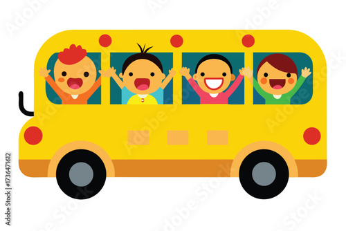 Cheerful Cartoon Children Riding a Bright Yellow School Bus with Arms Raised in Excitement
