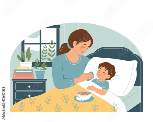 Loving Mother Feeds Her Sick Child Soup in Bed, Gentle Care Illustration