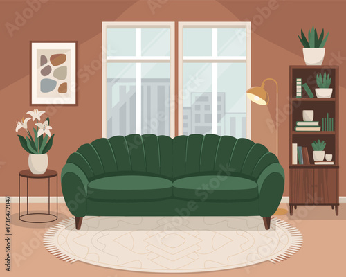 Cozy living room interior with green sofa and bookshelf, modern design