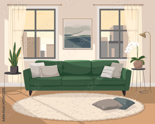 Cozy green sofa in a well-lit living room with abstract art and plants