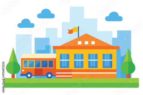 Colorful Cartoon School Building with Bus, Trees, and Sky Backdrop
