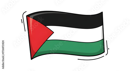 Stylized drawing of a Palestine flag waving with bold outlines and a shiny gloss effect on white