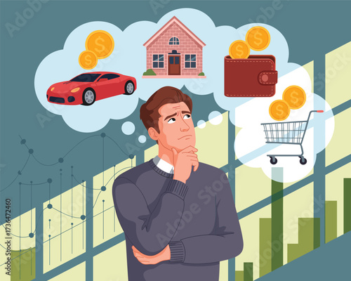 Thoughtful man contemplating financial goals like buying a car, house, and wallet