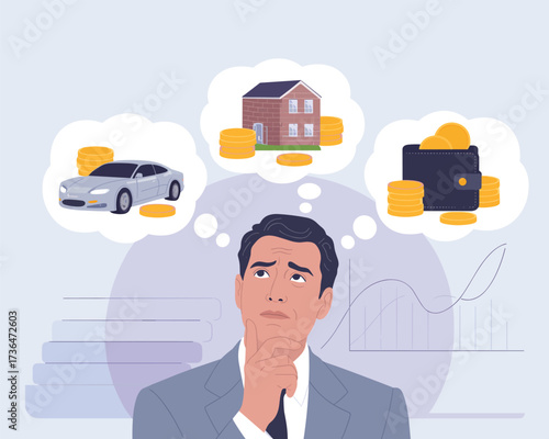 Man contemplating financial decisions car, house, and wallet
