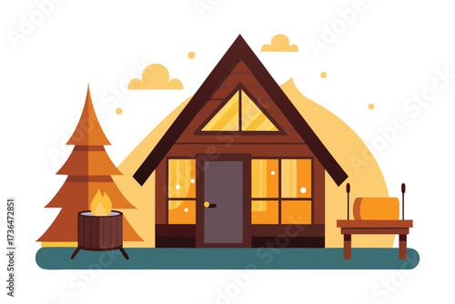 Cozy AFrame Cabin with Fire Pit, Pine Tree, and Relaxing Outdoor Seating Area Illustration