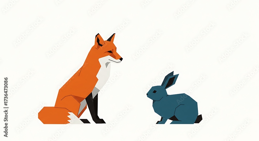 Obraz premium 선명한 일러스트 스타일의 여우와 토끼, 흥미로운 대비를 이루다