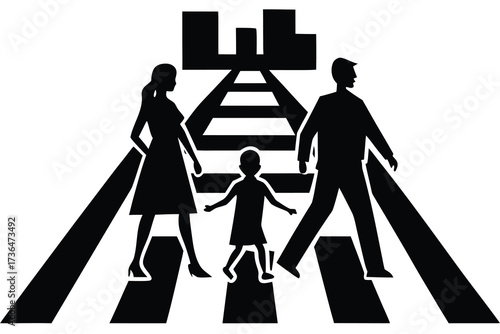 Family Crossing Street Black and White Silhouette Illustration of Father, Mother and Child on Crosswalk