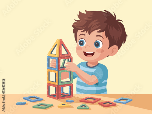 Young boy happily building a colorful magnetic block tower on a table