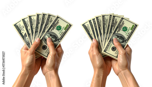 Money Collection: Hands with Fanned Out US Currency Isolated on Transparent Background