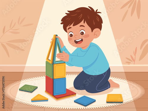 Happy child building with colorful geometric blocks on the floor, learning and playing