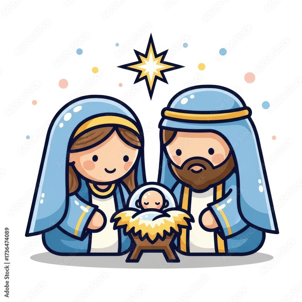 Fototapeta premium Cute cartoon nativity scene with Mary Joseph and baby Jesus under a star christmas