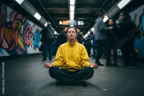 Gritty, candid photorealistic image of a woman meditating unperturbed amidst the bustling, raw environment of an urban subway station, authentic street photography. Generated Image