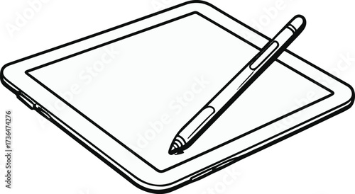Smooth continuous line drawing of a tablet with stylus pen