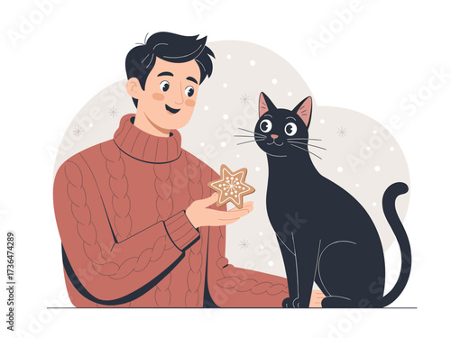 Man in sweater offering snowflake cookie to a black cat illustration
