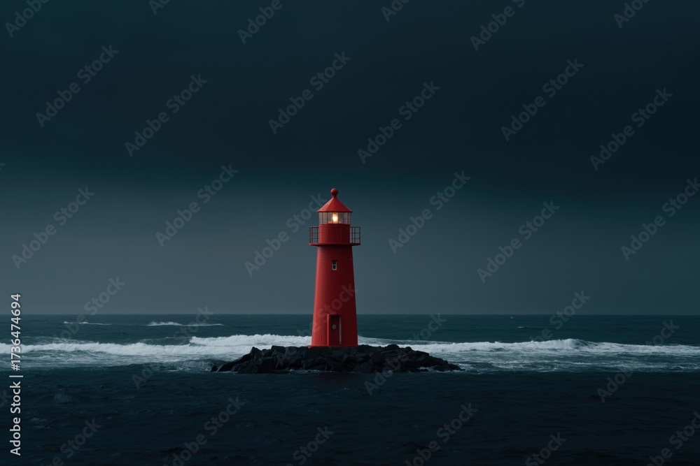 Fototapeta premium Solitary red lighthouse amidst dark sea and sky with waves