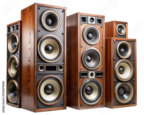 Collection of vintage wooden speaker boxes isolated on transparent background