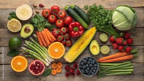 Wallpaper Mural Assortment of fresh fruits and vegetables on a wooden surface Torontodigital.ca