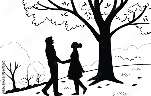 Romantic Couple Holding Hands Under Tree Silhouette Vector Illustration