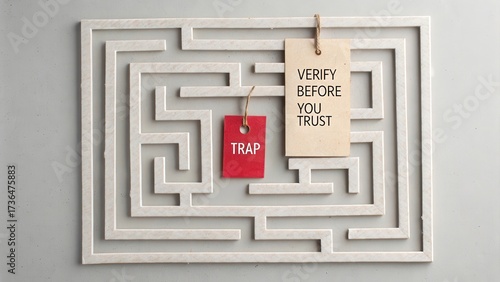 Wallpaper Mural Maze illustration with tags representing verify before trust Torontodigital.ca