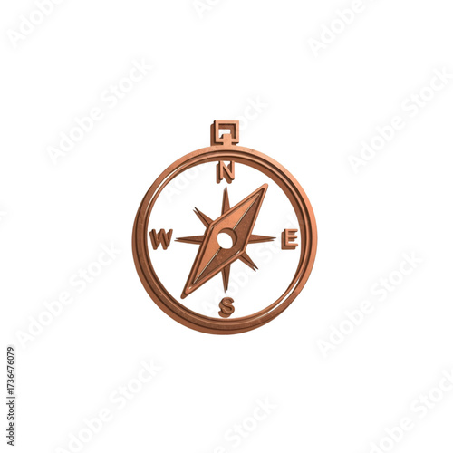 A copper compass rose symbol with cardinal directions, isolated on transparent background