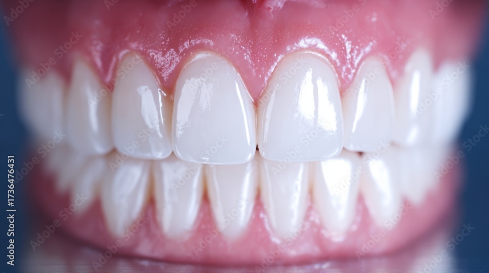Fototapeta premium A close view of a healthy smile shows straight white teeth and vibrant pink gums. The focus highlights the cleanliness and overall dental health of the person.