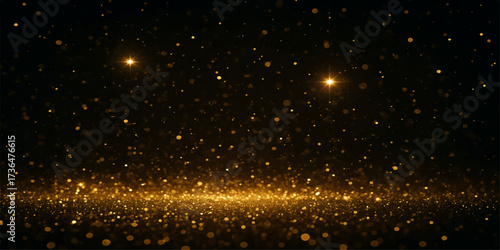 Bright particles glow like winter stars in dark water on a black background