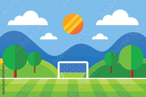 Flat Illustration of a Soccer Field, Goal Post, Trees, Sky, Sun, and Clouds