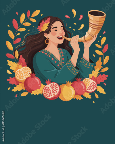 Rosh Hashanah Celebration A Joyful Woman Blowing the Shofar Surrounded by Symbols