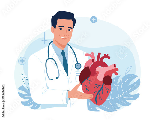 Doctor holding human heart illustration, medical concept, cardiology healthcare