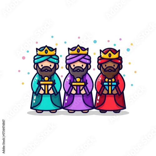 Three cartoon kings wearing crowns and robes holding gifts image