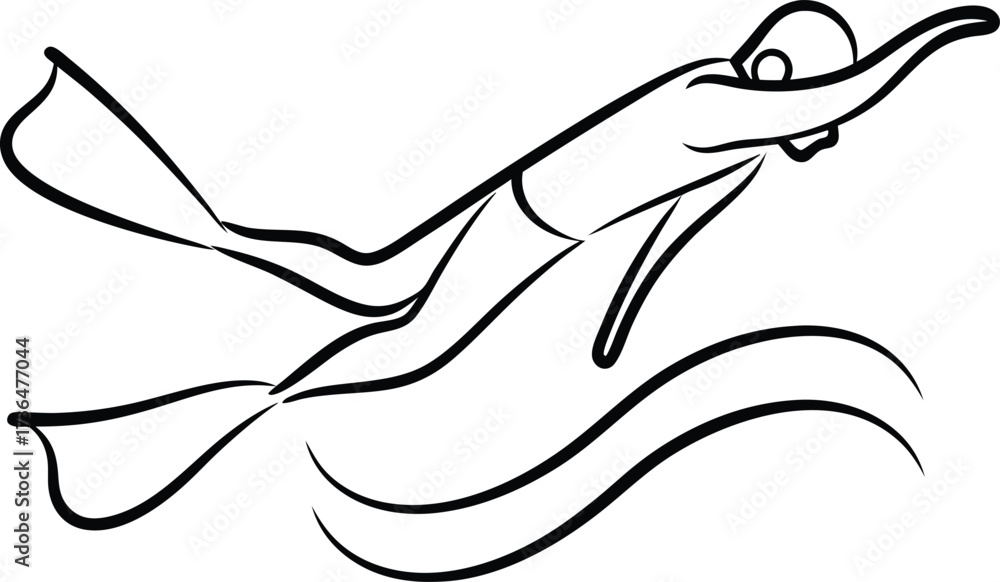 Obraz premium A single line a diver with fins swimming through waves Continous line drawing water