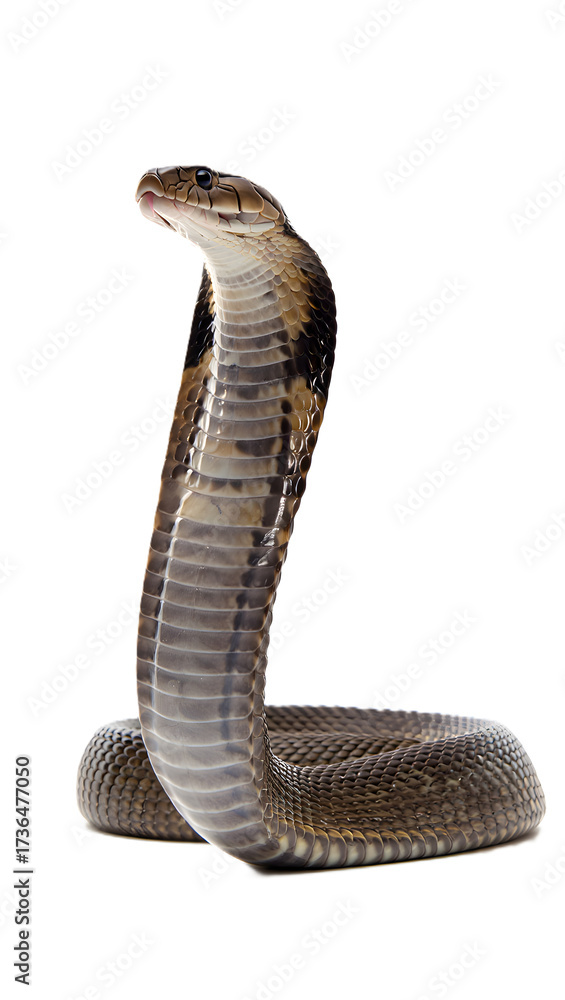 Fototapeta premium A dramatic editorial wildlife image of a king cobra (Ophiophagus hannah) with hood fully expanded, posed in a striking upright position showcasing power, dominance, and elegance.