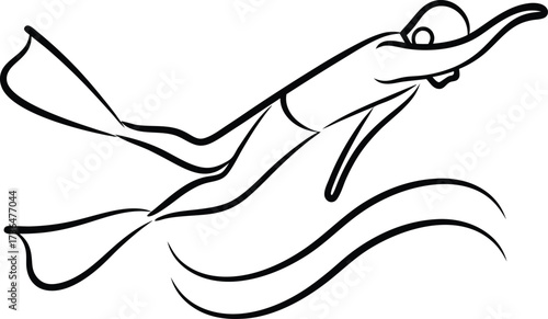 A single line a diver with fins swimming through waves Continous line drawing water