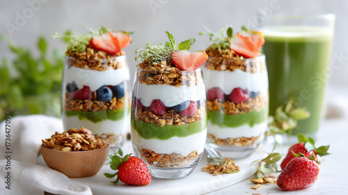 Layered yogurt parfaits with granola, berries, and a green smoothie on a light background