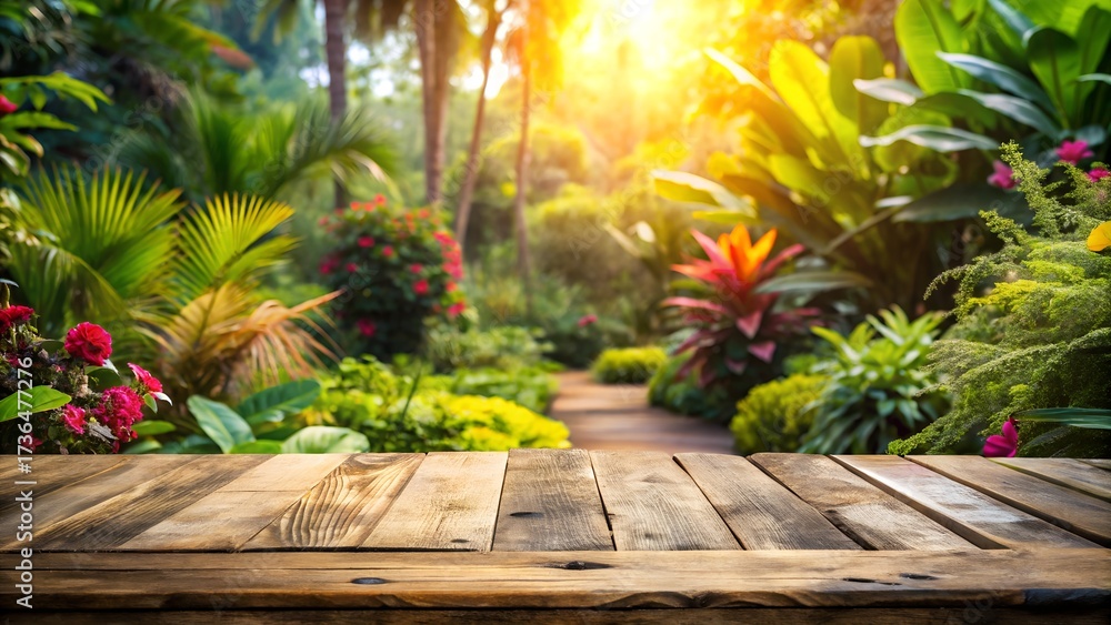 Obraz premium Rustic wooden table in a sunlit tropical garden with exotic plants