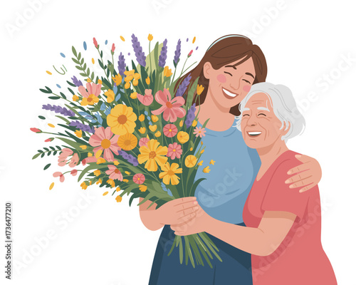 Heartwarming illustration of a daughter giving her elderly mother a vibrant bouquet of flowers