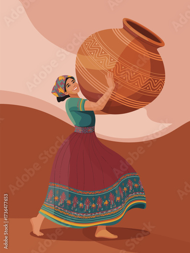 Woman balancing a large earthen pot An illustration of tradition and strength