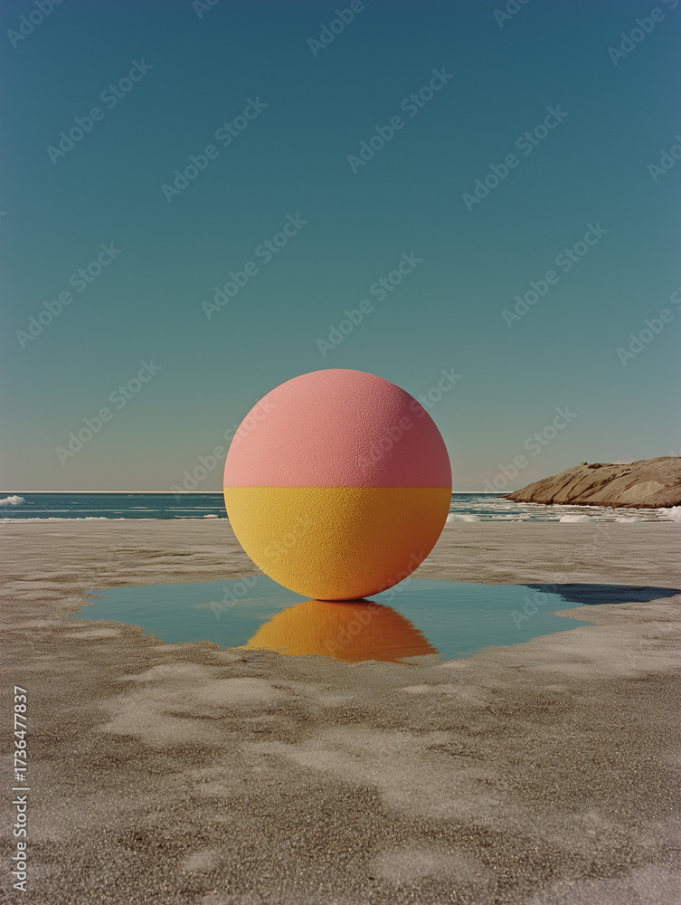 Obraz premium A gold compact mirror filled with icy pink crystals sits open on a frozen seascape. Feminine surrealism meets arctic minimalism in this conceptual still life.