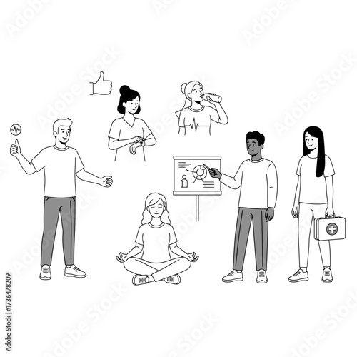 A diverse group of individuals demonstrating concepts of modern healthcare, wellness, and a healthy lifestyle in a clean line art illustration