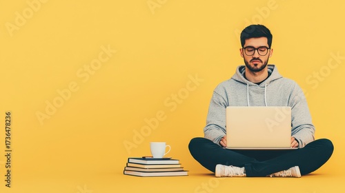 A young man sits cross-legged with a laptop, books, and a cup, focused on work against a bright yellow background.