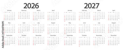 Calendar 2026, calendar 2027 week start Sunday corporate design planner template.