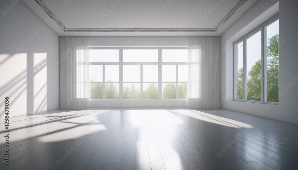 Obraz premium a bright minimalist room with large windows casting soft shadows on white walls and floor