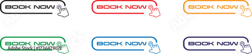 Book Now Button Icon Set – Hand Click and Reservation Symbol .