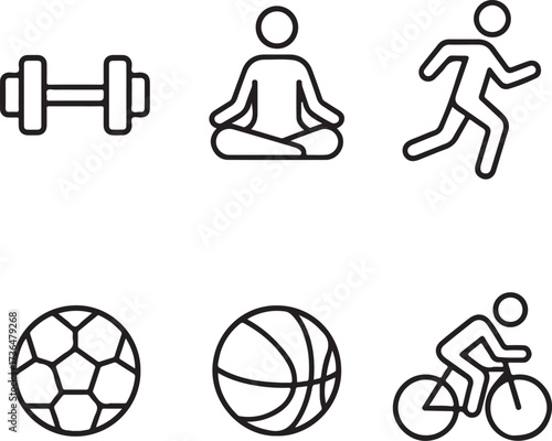 Sports and fitness liner icon set, dumbbell, yoga, running, football, basketball, cycling
