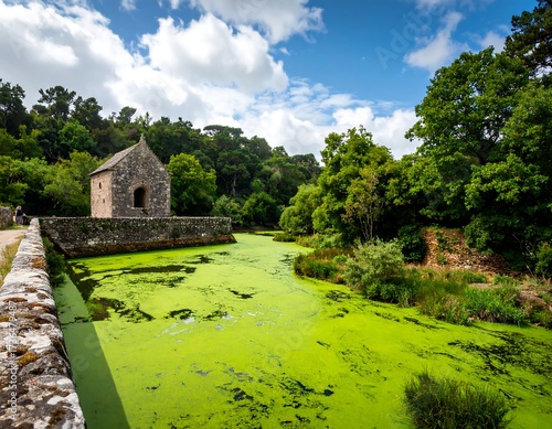 Picturesque landscape with a small stone building by a pond overgrown with algae
