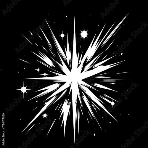 Bright Explosion on Black Background: A dynamic explosion of white energy radiates outwards from a central point, creating a stunning visual effect against the stark black background. Evoking energy.