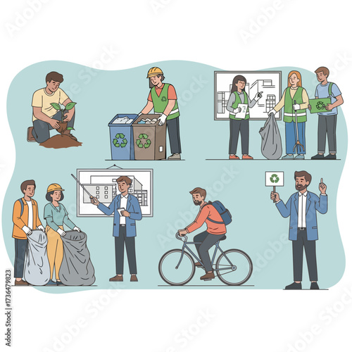 A diverse collection of individuals dedicated to environmental protection, participating in recycling, tree planting, and promoting a sustainable lifestyle concept