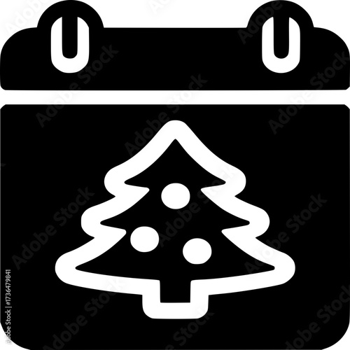 Festive Calendar: A simple yet elegant black and white graphic, portraying a calendar page adorned with a Christmas tree design, symbolizing the festive spirit and anticipation of the holiday season.